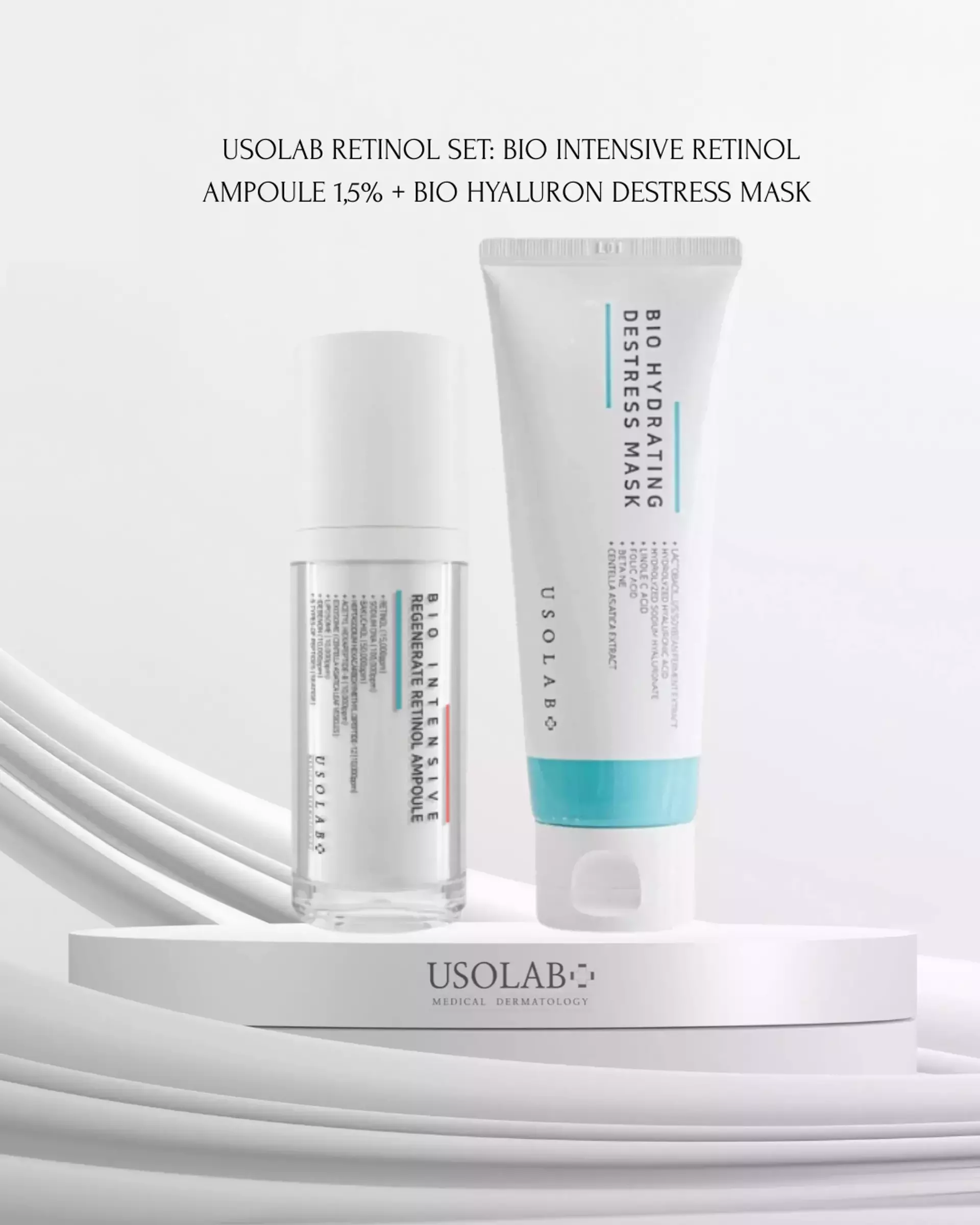 Ексклюзивний набір USOLAB: сироватка з 1,5% ретинолу Bio Intensive Retinol Ampoule, 30 ml, + Bio Hyaluron Destress Mask, 100 ml 